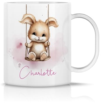 iCaseDesigner Personalised Childrens Polymer Mug - Cute Baby Bunny Rabbit on a Swing - Pink Theme