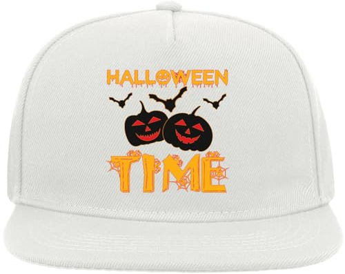 Atspauda Halloween Time Spooky Pumpkin and Bat Spider Web Graphic Snapback Flat Visor Cotton Blend Cap White, weiß, Einheitsgröße