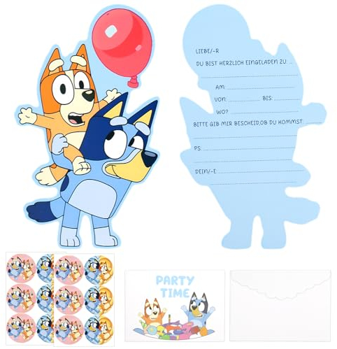 crunier Bluey Einladungskarten, 12 Deutsche Einladungskarten +12Umschläge zum Stickern, Einladungskarten Kindergeburtstag Blau, für Mädchen und Jungen Geburtstagseinladungen