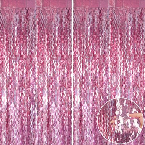 KERNOWO Lametta Vorhang Gewellter Rosa Glitzer,2 Stück Party Luftschlangen für Geburtstagsdeko Glänzende Hintergrund Vorhänge,Rosa Glitzervorhang als Geburtstagsdeko Mädchen