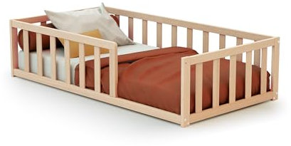 WEBABY - Bodenbett babybett Holz 70 x 140 cm Buche Natur roh | Mit Barrieren | Gitterbett | Kinderbett | Lattenrost inklusive | Schlafkomfort | Autonomie | Sicherheit