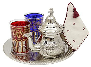 Moroccan Engraved Teapot Set Small: Silver Teapot with Integrated Filter and Holder, 2 Tea Glasses and Silver Tray, Handmade in Morocco, Serving Mint Tea Gift Set