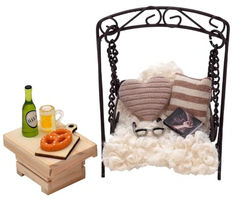 ZauberDeko Wichtel Zubehör Schaukel Miniatur Terrassen-Schaukelstuhl Geschenk Puppenhaus Set 11-teilig, Form:C