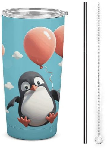 Isolierter Reise-Kaffeebecher aus Edelstahl, niedlicher Pinguin mit Ballon-Druck, wiederverwendbarer Autobecher, Thermobecher für den Außenbereich mit Strohhalm und Deckel