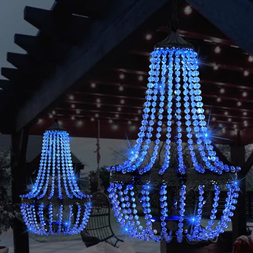 Hängender Solar-Kronleuchter für den Außenbereich, 30 blaue Lichter, Acrylperlen, Kronleuchter mit S-Haken, moderne Laterne für Garten, Hof, Terrasse, Pavillon, Dekorationen, 71,1 cm H