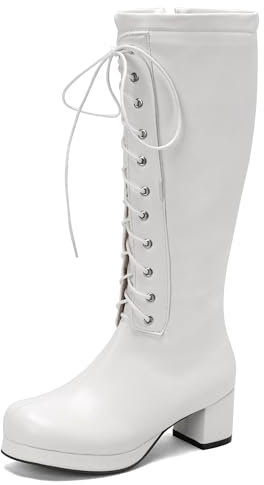 Donna Tacco a Blocco Stivali con Plateau Tacco Medio Stivali Alti Punta Rotonda Zip Moda Casuale Stivali Invernali, V8317Xh Bianco Numero 35 EU