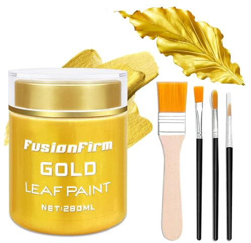 Acrylfarbe Metallic Gold, 280ml Flüssiggold-Farbe, Handwerksets, Ungiftig & Lichtbeständig, Wasserbasierte Goldfarbe für Basteln, Leinwand, Holz, Stoff, Keramik, Stein, inkl. 1 Pinsel + 3 Malpinsel
