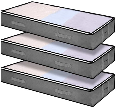 Zhufas 3 Stück 90L Aufbewahrungstasche, Aufbewahrungsbox unter dem Bett mit Deckel, faltbare Kleideraufbewahrungstasche, Aufbewahrungsbox mit Reißverschluss und Griff, grau