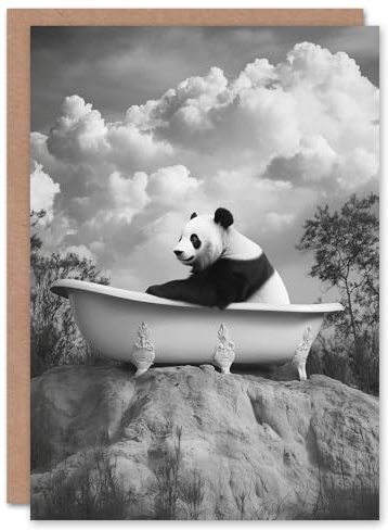 Artery8 Greeting Card Panda Bear in Elegant Bathtub Black White Surreal Blank For Him Or Her Art Birthday Card