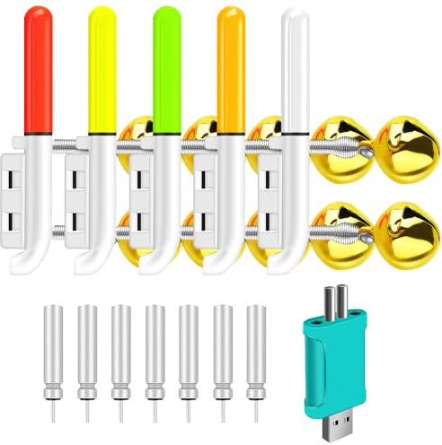 5 Stück Knicklichter Angeln, LED Posen Angeln mit Bissanzeiger, Angeln Alarm Glocke, Bissanzeiger Angeln mit Ladegerät und Akku, Wasserdicht LED Knicklicht Angeln für Nachtangeln