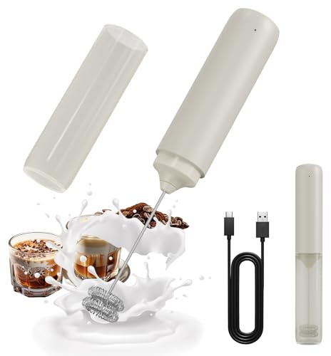 CIRCLE JOY Electric Milk Frother Handheld Dual Spring Whisk & Cover Beige | USB Rechargeable Coffee Frother, Portable Hand Frother Wand Drink Mixer for Coffee, Hot Chocolate, Cappuccino, Frappe, Matcha