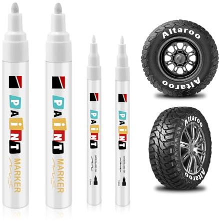 Altaroo 4 Reifenstifte Weiß Wasserfest, 1 mm & 3 mm, Auto Reifenstifte | Hohe Kapazität, gleichmäßiger Tintenfluss, feine Details, breite Flächen, Motorrad, Fahrrad, Glas, Metall, Gummi