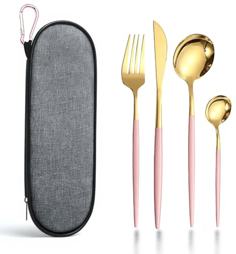 Eidsefe Travel Cutlery Set with Case, 4-Piece Reusable Stainless Steel Flatware Set Including Fork, Knife, Spoon, Portable Camping Cutlery Ideal for School, Work, Picnic, Travel & Lunchbox (Pink)