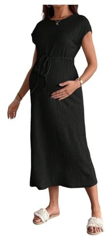 OYOANGLE Women's Maternity Summer Casual Short Sleeve Long Midi Dress Black