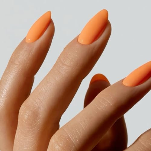 Orange Press on Nails Short Oval, SXVME Solid Color Acrylic Fake Nail Short Round, Thick False Nail Press ons Handmade of Gel, Natural Full Cover Glue on Nails For Women Daily Wear 24Pcs