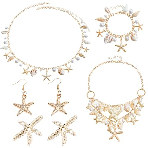 Byfoyif 7 Stück Sandy Beach Seashells Starfish Jewelry, mit 1 Kette 1 Armband 1 Taillenkette 2 Ohrringe 2 Haarspangen für Halloween Fasching Karnevalskostüm Party Costume Meerjungfrau Accessoires