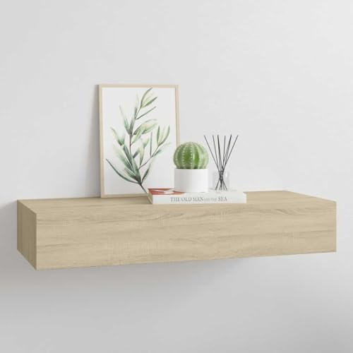 Mokuyary Wandregal mit Schublade, MDF, Eiche, 60 x 23,5 x 10 cm, Nachttisch, schwebend, Regal mit Schublade für Flur, Schlafzimmer