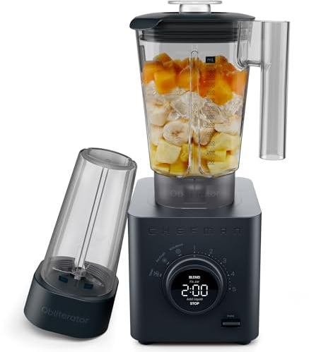 Chefman Obliterator 1.2L 1350W Frullatore Smoothie, Trita Ghiaccio, Noci e Frutta Congelata, Lama in Acciaio Inox, Funzione Auto Mix, Con Barattolo da Viaggio da 600ml – Midnight