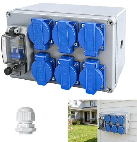 Baustromverteiler 230V mit 6 Schuko-Steckdosen 16A und FI/LS-Schalter, IP44 | Wandverteiler 25 × 15 × 10 cm für Baustelle, Werkstatt, Garage und geschützten Außenbereich | 6 Steckdosen mit Klappdeckel