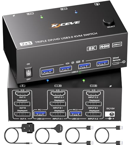 KVM Switch 3 Monitors 2 Computers 8K@60Hz 4K@144Hz, HDMI Displayport KVM Switch Triple Monitor for 2 PC Share 3 Monitor and 4 USB3.0 Devices,Wired Remote and USB Cables Included