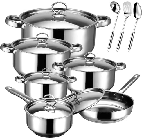 Hunnycook Topfset Induktion - 15-teilig, Starkbodig Edelstahl Töpfe Set, Inklusive Kochtöpfe, Bratpfanne und 3 Küchenhelfer, Feststehende Griffe, Geeignet für Alle Herdarten, Spülmaschinengeeignet