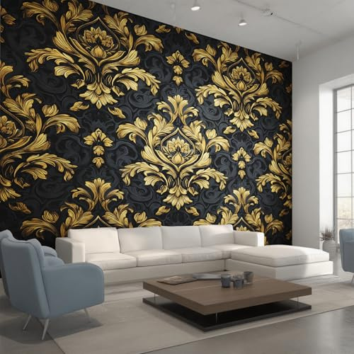 Non-Woven Baroque Wallpaper - Black Gold Damask Vintage Floral Wall Mural for Bedroom, Living Room Background Decoration, Home Decor Photo Wall Paper 400x280 cm (WxH)