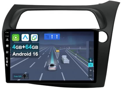[4+64G] Android 16 Car Stereo Radio for Honda Civic RHD 2006-2011-IPS 9 Inch 2 Din Head Unit with Carplay | Android Auto | Mirror Link | GPS Navigation Navi | Bluetooth | WiFi | FM Included Camera