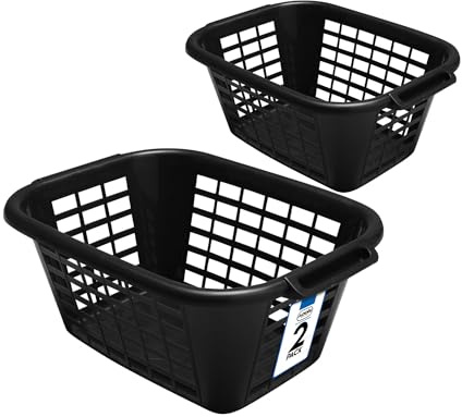 Addis 40L Laundry Basket Black, Durable Plastic Washing Basket with Handles, Ventilated Clothes Hamper for Home, Bathroom & Utility Room, Pack of 2