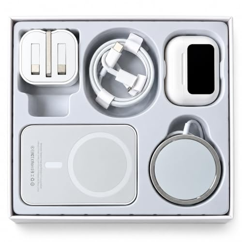 6-in-1 Mobile Charging Kit Gift Box – Portable Power Bank, Magnetic Charger Compatible with iPhone, USB-C Cable & Fast Wall Adapter – All-in-One Phone Accessories Set (White)