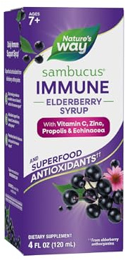 Nature's Way Sambucus Immune Elderberry Syrup, Elderberry Extract, Vitamin C, Zinc, Echinacea, Propolis, Daily Immune Support*, Superfood Antioxidants(1), Gluten Free, 8 Fl Oz (Packaging May Vary)