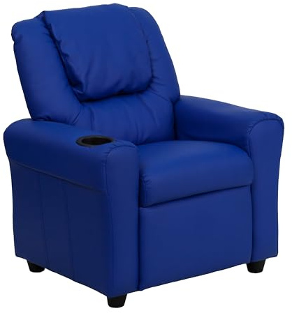 Flash Furniture Lehnsessel für Kinder, modern, mit Becherhalter und Kopfstütze, Holz, blaues Vinyl, 61 x 48 x 48 cm