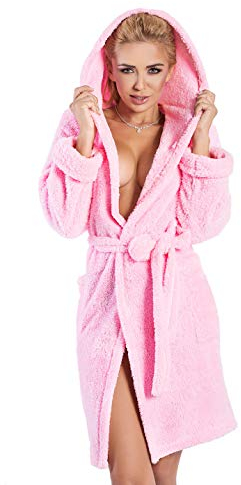 Damen Bademantel kurz mit Kapuze - flauschiger Saunamantel Morgenmantel Nachtwäsche Diana (L, Rosa)