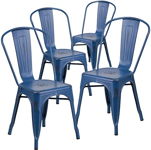 Flash Furniture Blake - Juego de 4 sillas apilables de Metal Azul Envejecido para Interiores y Exteriores de Grado Comercial