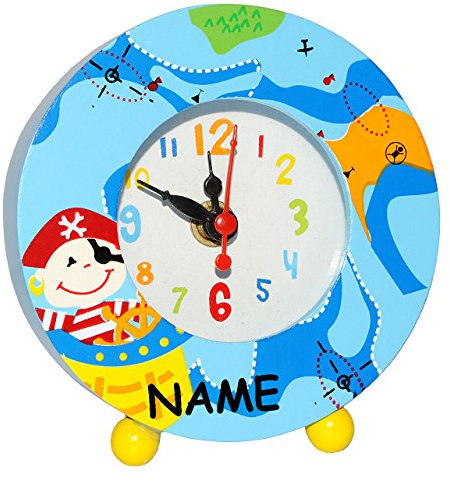 alles-meine.de GmbH Lernuhr/Tischuhr - Pirat & Schatzkarte - incl. Name - aus Holz/für Kinder - Analog - für Jungen - Stabiler große Tisch Uhr - Kinderzimmer - Piratensch..