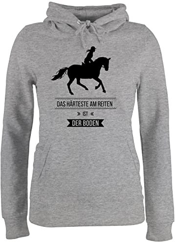 Pullover Damen Hoodie Frauen - Pferde - Das Härteste am Reiten ist der Boden - S - Grau meliert - Geschenk für Reitlehrerin reitpulli pferdespruch Huddy reitbekleidung stallpulli REIT sprüche