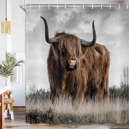 JAWO Farmhouse Kuh Duschvorhang für Badezimmer, niedliche Bauernhoftiere, Rinder im Herbst, Grasland, Landhausstil, rustikaler Stoff, Badvorhänge, Heimdekoration, 170x178 cm, Graubraun
