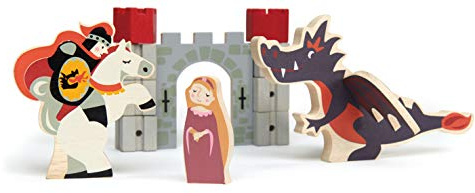 Tender Leaf Toys Knight and Dragon Tales - Wooden Building Block Set with Medieval Characters including a Knight, Princess and a Dragon