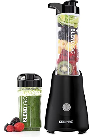 Geepas 300W Personal Blender Smoothie Milkshake Maker | Mini Travel Blender for Protein Shakes | 2 x Portable BPA Free Tritan Sports Blending Bottles with Leak-Proof Lids | Nutrient Extractor