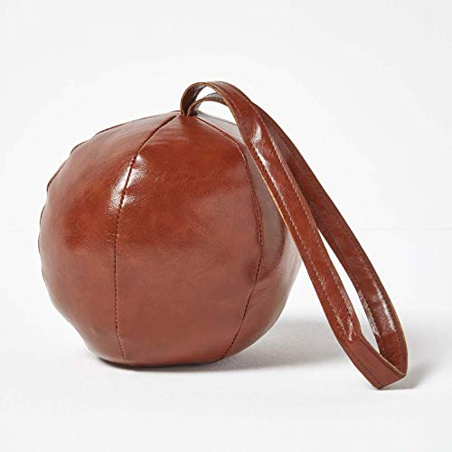 HOMESCAPES Brown Faux Leather Ball Door Stop Distressed Fabric Heavyweight Door Stopper with Handle