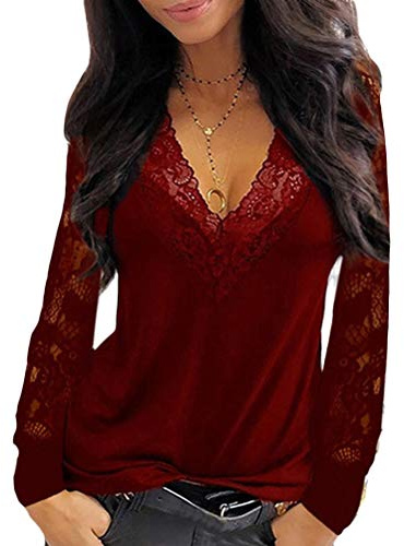 Onsoyours Oberteile Damen Langarmshirt V-Ausschnitt Blusen Sexy Spitzen Patchwork Shirt Lose Tunika Tops Leicht T-Shirt Einfarbig Chiffon Hemd