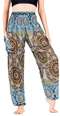 Lofbaz Yoga Boho Hosen für Damen Harem Hippie Kleidung Pyjamas Lounge Bekleidung Jogger Indian Bohemian Tanz Sommer Strand Blühende Blume Graugrün XL