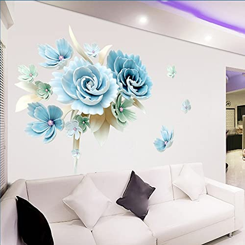 COVPAW® Wandtattoo Wandaufkleber XXL Pfingstrose Blau Peony Blumen Wandsticker Wandbild Bilder Wohnzimmer Schlafzimmer Deco
