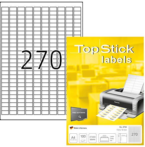 TopStick 8790 Universal Etiketten, 1000 Blatt, 17,8 x 10 mm, 270 pro A4 Bogen, 270000 Stück, selbstklebend, bedruckbar, matt, blanko Papier Klebeetiketten Aufkleber, weiß