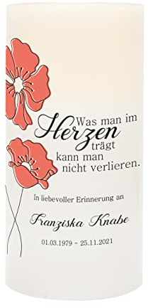 Herz & Heim® LED Kerze als Trauerkerze mit Namen und Daten für Kondolenz Klatschmohn