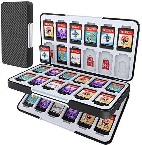 HEIYING Game Card Case for Nintendo Switch 2/ Switch OLED,Carbon Fibre Surface Processes Design Portable Travel Carry Case with 48 Game Card Slots and 24 Micro SD Cards Slots