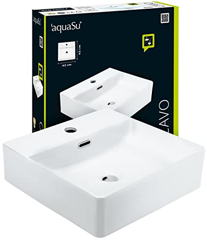 aquaSu® Hand-Waschbecken Cavo 42 cm | Eckiger Waschtisch mit Hahnloch | Überlauf | Kleines Hänge-Waschbecken quadratisch | Wand- oder Aufsatzmontage | 42 x 42 cm | Sanitärkeramik in weiß | 56223 2