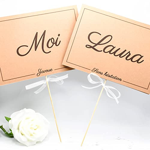 Jeu de mariage elle et lui, lot de 2 pancartes personnalisables au texte de votre choix décorées d'un ruban, jeu mariage elle ou moi, papier kraft, mariage champêtre, animations, fête, cérémonie