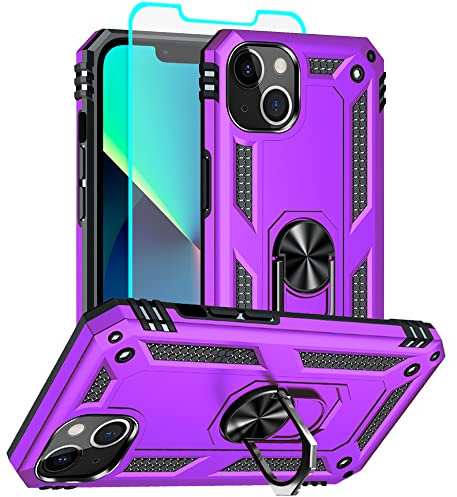 Aozuoton for iphone 13 Case, iphone 13 Phone Case with HD Screen Protector, [Military Grade 16ft. Drop Tested] Ring Shockproof Protective Phone Case for iphone 13,Purple