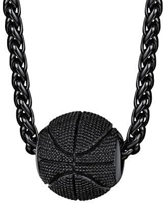 Black Basketball Necklace for Men Black Metal Plated Stainless Steel Ball Pendant Charm Sports Necklace for Athlete Sport Fans, with 22inch+2inch Gold Plated Spiga Chain