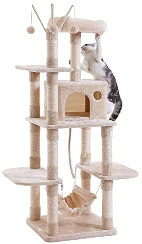Cat Tree, Cat Scratch Post Multi Level Stable Cat Climbing Tower Cat Activity Trees with Ladder, Furniture Play House for Kitty Kitten, Indoor Pet Activity (Beige - 50 * 50 * 154cm)